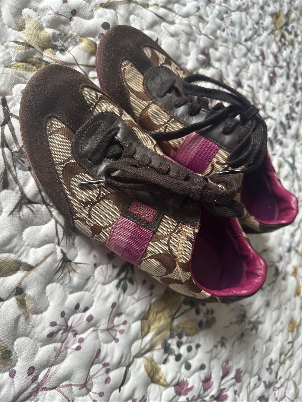 Coach Brown Signature Canvas Sneakers with purple and pink Trim